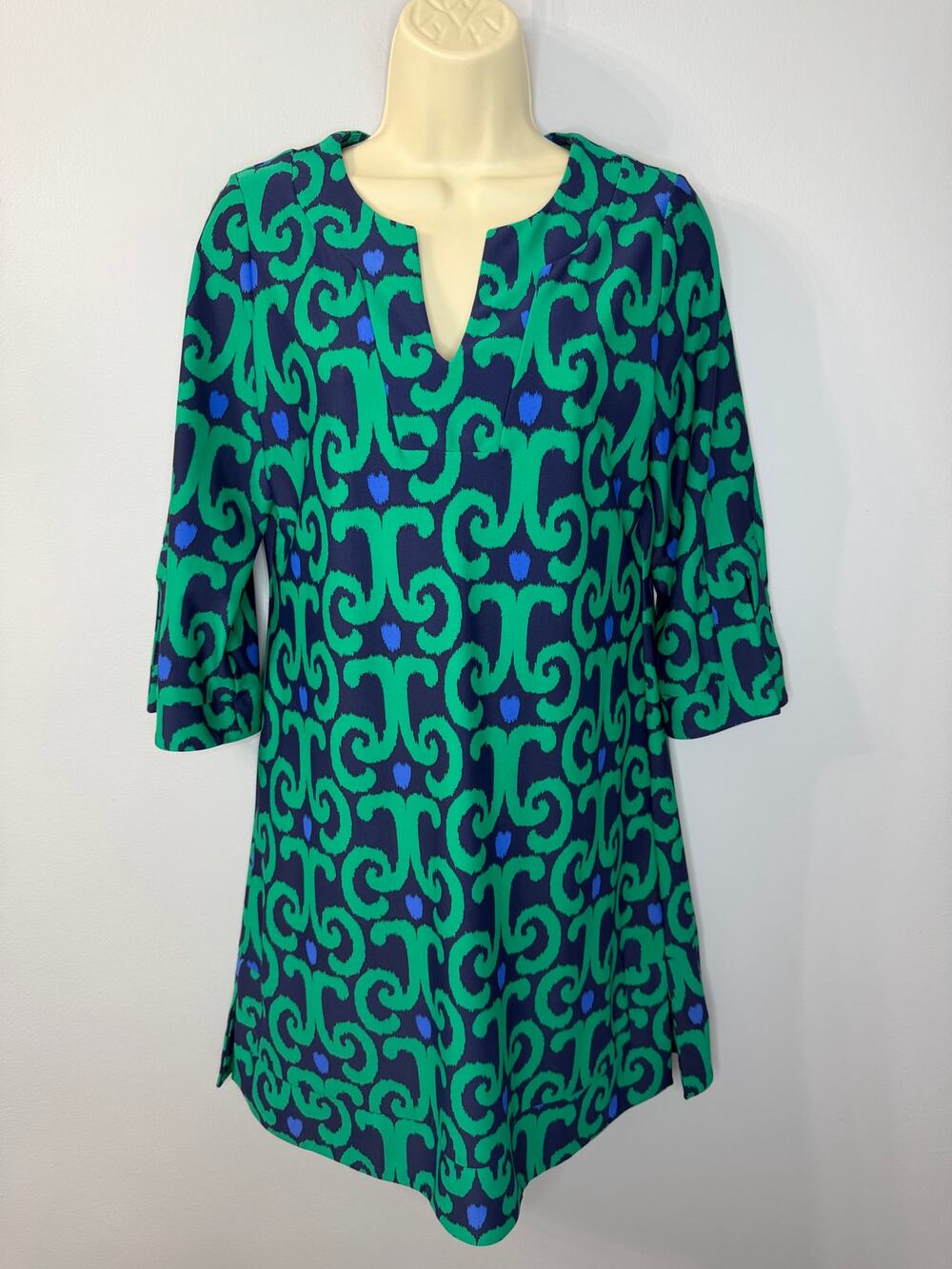 Jude Connally Megan Mini Dress Blue Green Geo Print Women's S Preppy Stretch